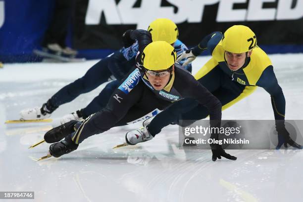 Wenhao Liang of China leads the group during the Men's 500m pre-preliminaries during day one of the Samsung ISU Short Track World Cup at the on...