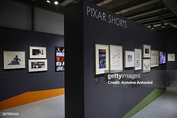 Pixar storyboards sit on display at 'Pixar, 25 years of Animation' exhibition on November 14, 2013 in Paris, France. The Art Ludique Museum will open...