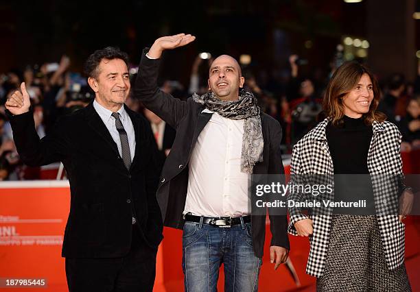 Pietro Valsecchi, Checco Zalone and Camilla Nesbitt attend 'Checco Zalone' Premiere during The 8th Rome Film Festival on November 14, 2013 in Rome,...