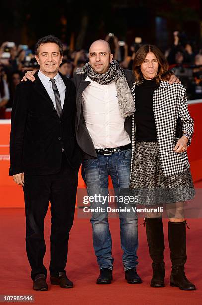 Pietro Valsecchi, Checco Zalone and Camilla Nesbitt attend 'Checco Zalone' Premiere during The 8th Rome Film Festival on November 14, 2013 in Rome,...