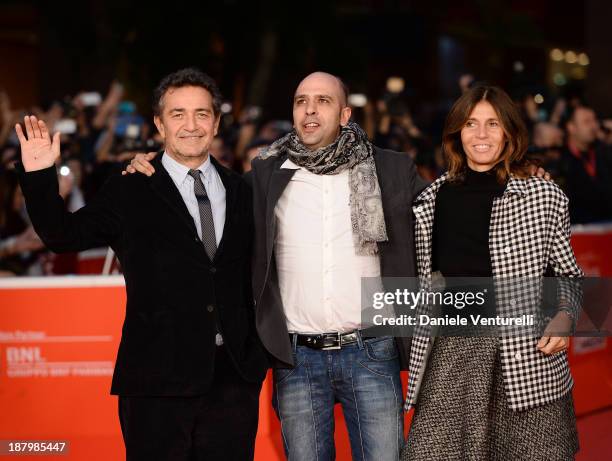 Pietro Valsecchi, Checco Zalone and Camilla Nesbitt attend 'Checco Zalone' Premiere during The 8th Rome Film Festival on November 14, 2013 in Rome,...