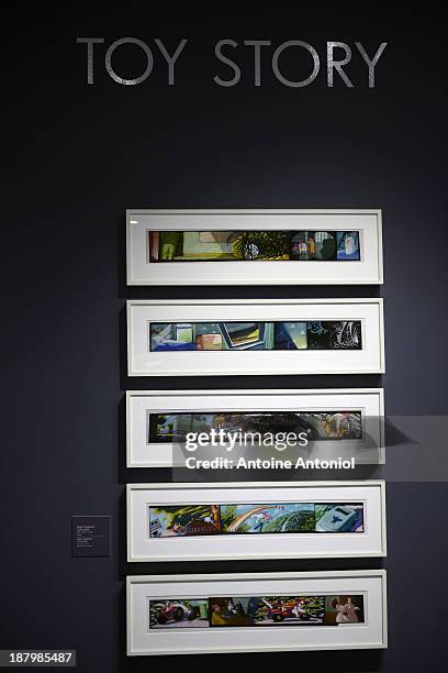Toy Story storyboards sit on display at 'Pixar, 25 years of Animation' exhibition on November 14, 2013 in Paris, France. The Art Ludique Museum will...