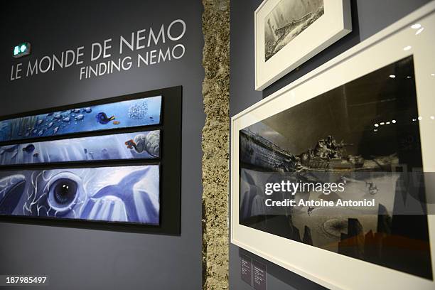 Finding Nemo storyboards sit on display at 'Pixar, 25 years of Animation' exhibition on November 14, 2013 in Paris, France. The Art Ludique Museum...