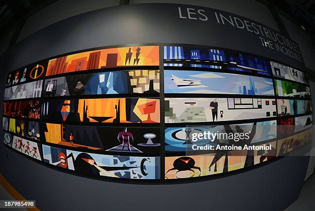 The incredibles storyboards sit on display at 'Pixar, 25 years of Animation' exhibition on November 14, 2013 in Paris, France. The Art Ludique Museum...