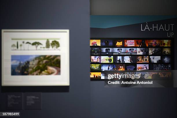 Up storyboards sit on display at 'Pixar, 25 years of Animation' exhibition on November 14, 2013 in Paris, France. The Art Ludique Museum will open...