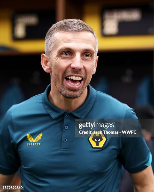 Gary O'Neil, head coach of Wolverhampton Wanderers celebrates victory in the dressing room following the Premier League match between Wolverhampton...