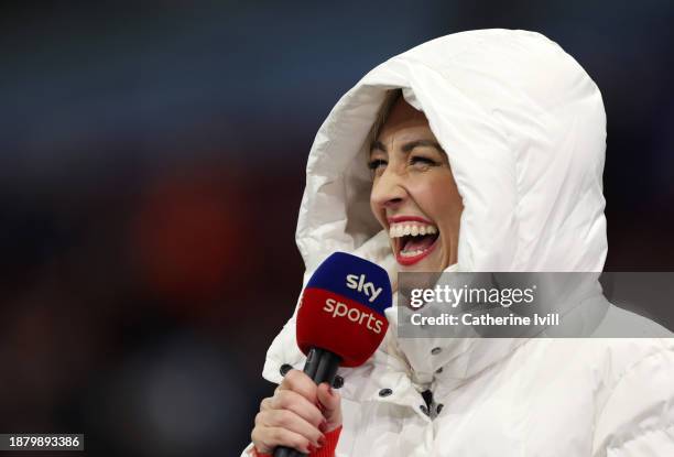 Sky Sports presenter Kelly Cates ahead of the Premier League match between Aston Villa and Sheffield United at Villa Park on December 22, 2023 in...