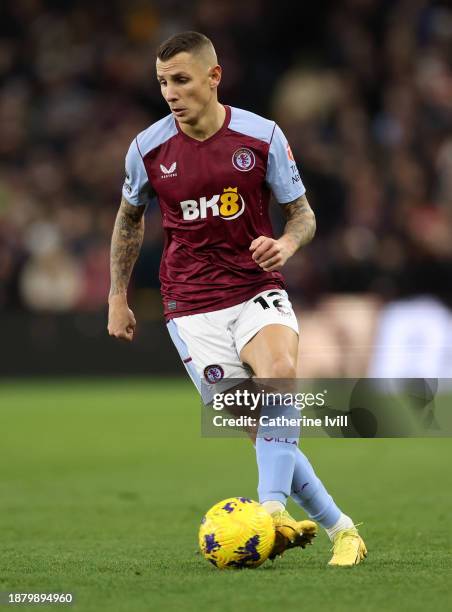 Lucas Digne during the Premier League match between Aston Villa and Sheffield United at Villa Park on December 22, 2023 in Birmingham, England.