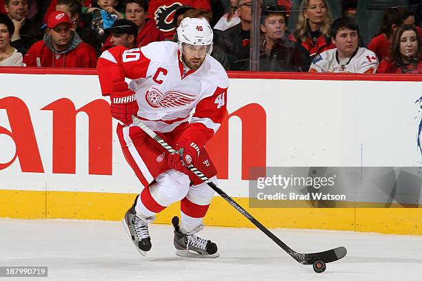 Henrik Zetterberg the Detroit Red Wings skates against the Calgary Flames at Scotiabank Saddledome on November 1, 2013 in Calgary, Alberta, Canada....