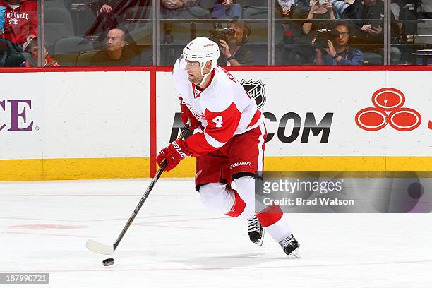 Jakub Kindl the Detroit Red Wings skates against the Calgary Flames at Scotiabank Saddledome on November 1, 2013 in Calgary, Alberta, Canada. The Red...