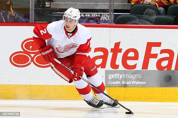 Brendan Smith the Detroit Red Wings skates against the Calgary Flames at Scotiabank Saddledome on November 1, 2013 in Calgary, Alberta, Canada. The...