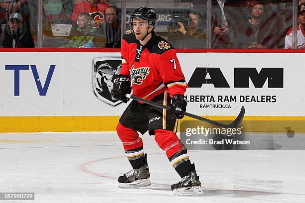 Brodie of the Calgary Flames skates against the Detroit Red Wings at Scotiabank Saddledome on November 1, 2013 in Calgary, Alberta, Canada. The Red...