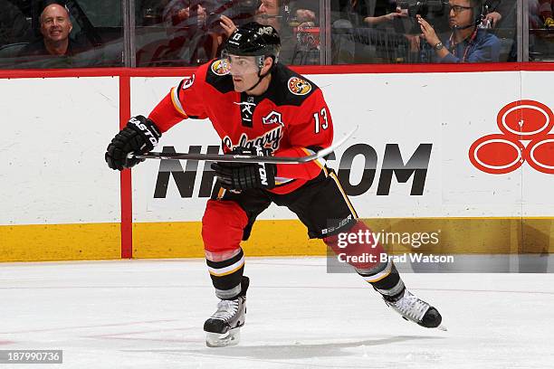 Michael Cammalleri of the Calgary Flames skates against the Detroit Red Wings at Scotiabank Saddledome on November 1, 2013 in Calgary, Alberta,...