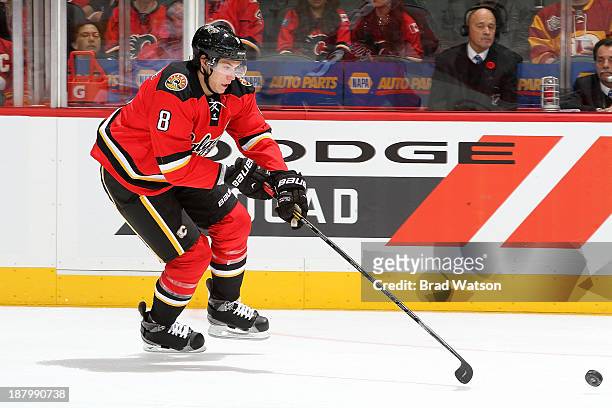 Joe Colborne of the Calgary Flames skates against the Detroit Red Wings at Scotiabank Saddledome on November 1, 2013 in Calgary, Alberta, Canada. The...