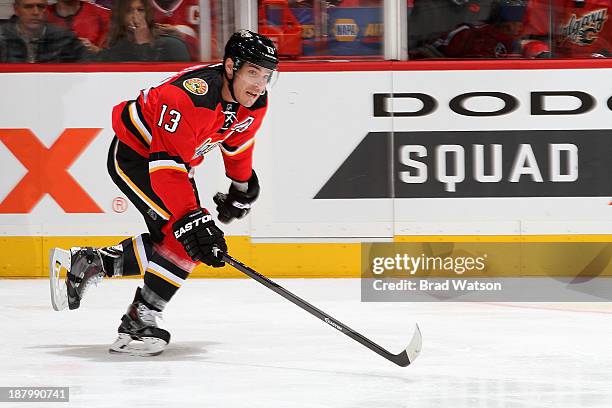 Michael Cammalleri of the Calgary Flames skates against the Detroit Red Wings at Scotiabank Saddledome on November 1, 2013 in Calgary, Alberta,...