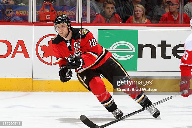 Matt Stajan of the Calgary Flames skates against the Detroit Red Wings at Scotiabank Saddledome on November 1, 2013 in Calgary, Alberta, Canada. The...