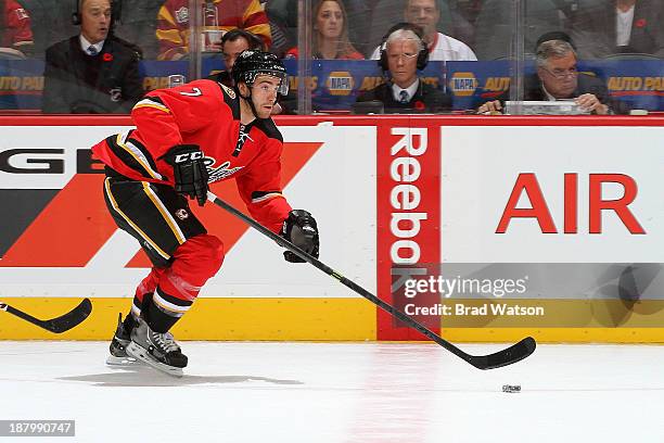 Brodie of the Calgary Flames skates against the Detroit Red Wings at Scotiabank Saddledome on November 1, 2013 in Calgary, Alberta, Canada. The Red...