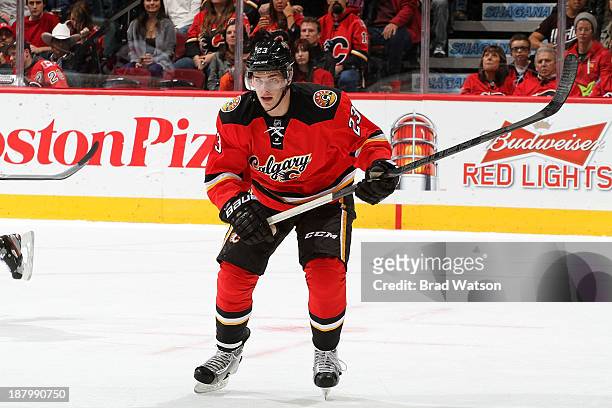 Sean Monahan of the Calgary Flames skates against the Detroit Red Wings at Scotiabank Saddledome on November 1, 2013 in Calgary, Alberta, Canada. The...