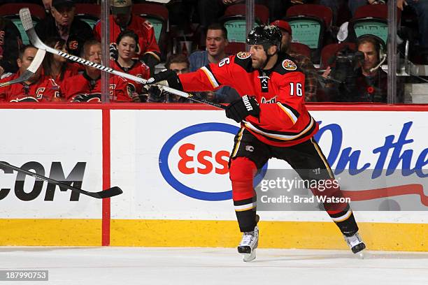 Brian McGrattan of the Calgary Flames skates against the Detroit Red Wings at Scotiabank Saddledome on November 1, 2013 in Calgary, Alberta, Canada....