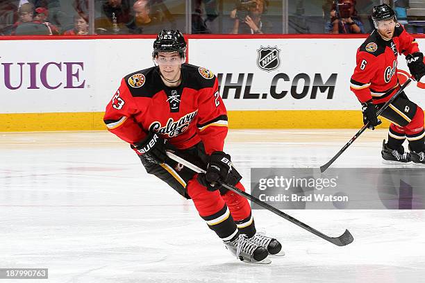 Sean Monahan of the Calgary Flames skates against the Detroit Red Wings at Scotiabank Saddledome on November 1, 2013 in Calgary, Alberta, Canada. The...