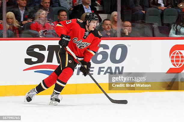 Sean Monahan of the Calgary Flames skates against the Detroit Red Wings at Scotiabank Saddledome on November 1, 2013 in Calgary, Alberta, Canada. The...