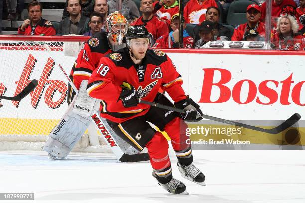 Matt Stajan of the Calgary Flames skates against the Detroit Red Wings at Scotiabank Saddledome on November 1, 2013 in Calgary, Alberta, Canada. The...