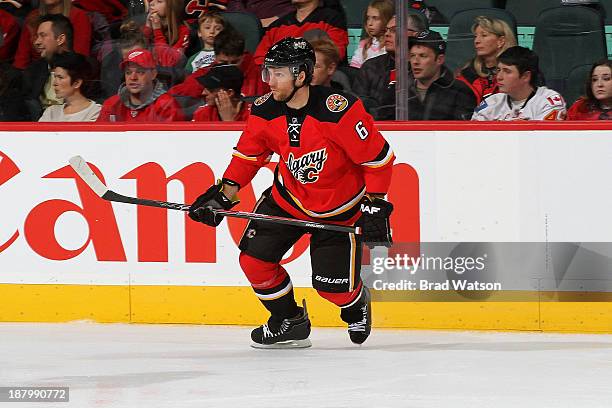 Dennis Wideman of the Calgary Flames skates against the Detroit Red Wings at Scotiabank Saddledome on November 1, 2013 in Calgary, Alberta, Canada....