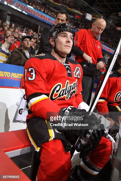 Michael Cammalleri of the Calgary Flames sits on the bench in between shifts against the Detroit Red Wings at Scotiabank Saddledome on November 1,...