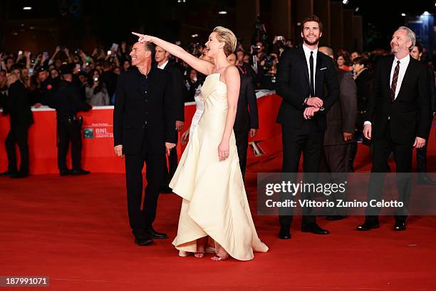 Producer Jon Kilik, actors Jennifer Lawrence, Liam Hemsworth and director Francis Lawrence attend the 'The Hunger Games: Catching Fire' Premiere...