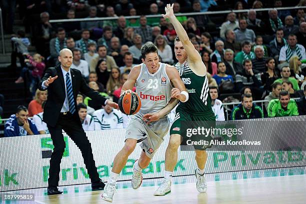 Casey Jacobsen, #23 of Brose Baskets Bamberg competes with Vytenis Lipkevicius, #10 of Zalgiris Kaunas during the 2013-2014 Turkish Airlines...
