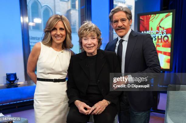 Shirley MacLaine poses with Alisyn Camerota and Geraldo Rivera during her visit to FOX News Channel's America's News Headquarters at FOX Studios on...