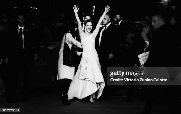 Actress Jennifer Lawrence attends the 'The Hunger Games: Catching Fire' Premiere during The 8th Rome Film Festival at Auditorium Parco Della Musica...