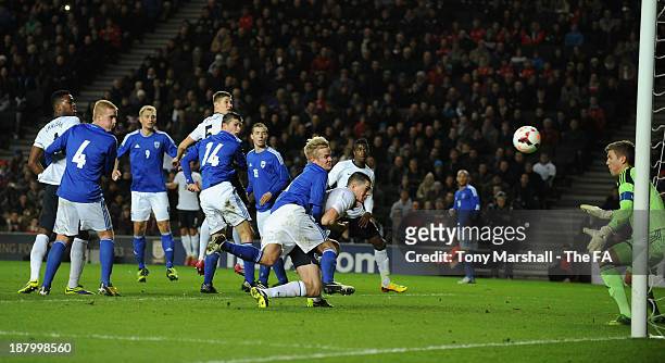 Michael Keane of England scoring their first goal during the 2015 UEFA European Under 21 Championship Qualifying match between England U21 and...