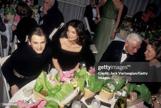 Russian emigre dancer Mikhail Baryshnikov, Jacqueline Kennedy Onassis, set designer Oliver Smith and an unidentified woman at the American Ballet...