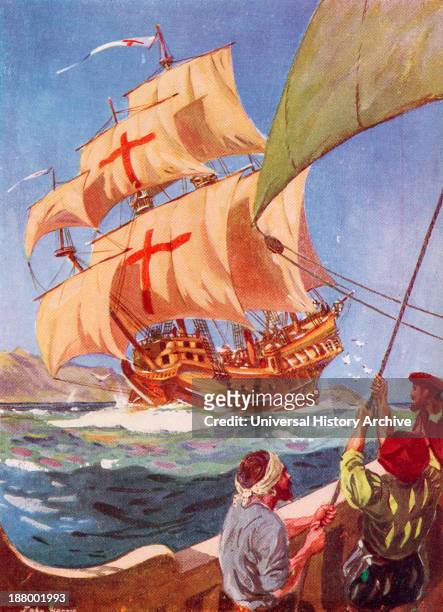Christopher Columbus Leaves The Coast Of Spain In His Flag Ship The Santa Maria On His First Voyage To The New World, 1492. Christopher Columbus...