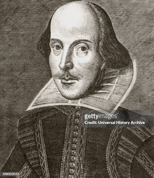 William Shakespeare 1564 English Playwright And Poet. 19Th Century Copy Of The Martin Droeshout Engraving Used In The First Folio Of 1623.