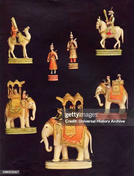 Pieces From A Chess Set In Carved And Coloured Ivory. Made In Delhi, India C.1790 For The Begum Samru.