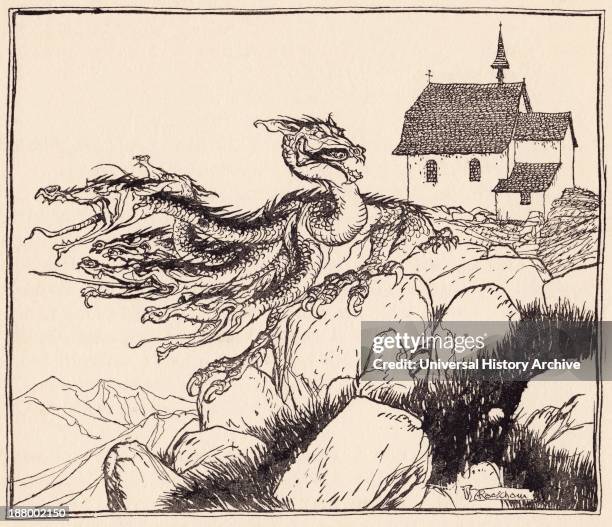 It Was Not Long Before The Seven Headed Dragon Came, Loudly Roaring. Illustration By Arthur Rackham From Grimm's Fairy Tale, The Two Brothers.