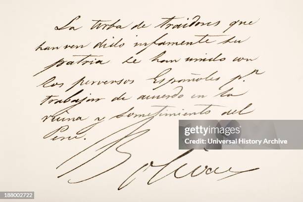 Simon Bolivar, 1783  1830. Venezuelan Military And Political Leader. Hand Writing Sample.