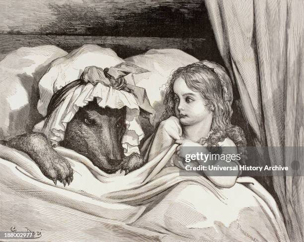 Scene From Little Red Riding Hood By Charles Perrault. Little Red Riding Hood In Bed With The Wolf Who Is Dressed As Her Grandmother After Eating...