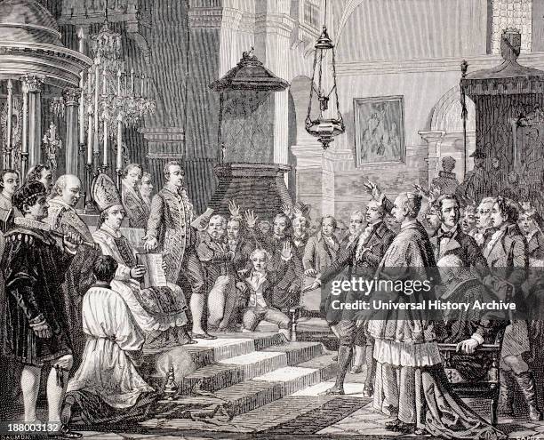 Swearing In Of The Deputies During The Opening Session Of The Cortes Of Cadiz, Spain, 1810. After A Painting By Jose Maria Casado Del Alisal. From El...