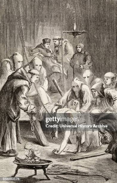 Prisoner Being Tortured During The Spanish Inquisition. From The Book Of Martyrs By John Foxe, Published C.1865.