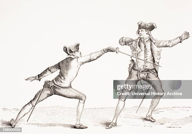 Swordsman Parries A Thrust From His Opponent. From Xviii Siecle Institutions, Usages Et Costumes, Published Paris 1875.