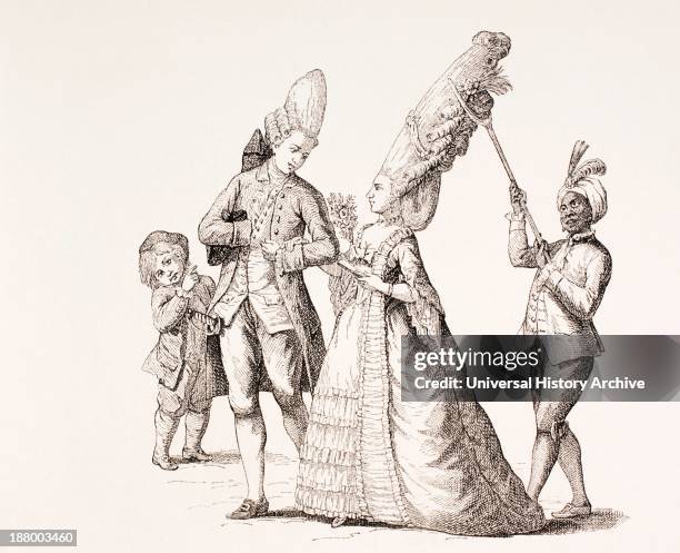 Satire On Women's Extreme Hairdos In 18Th Century Paris. A Servant Walks Behind Holding The Hair In Place With A Forked Stick. From Xviii Siecle...