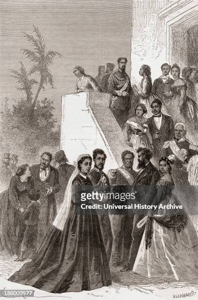 King Kamehameha V, his family members and royal court including Queen Emma, Prince Lunalilo, Princess Victoria Kamāmalu, John William Pitt Kīnaʻu,...