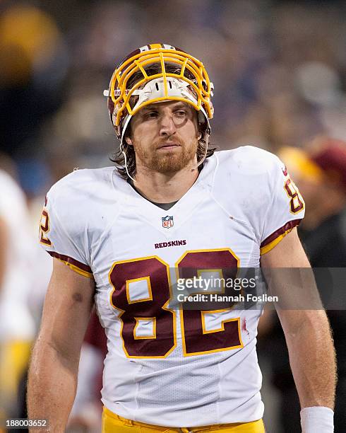 Logan Paulsen of the Washington Redskins looks on during the game against the Minnesota Vikings on November 7, 2013 at Mall of America Field at the...