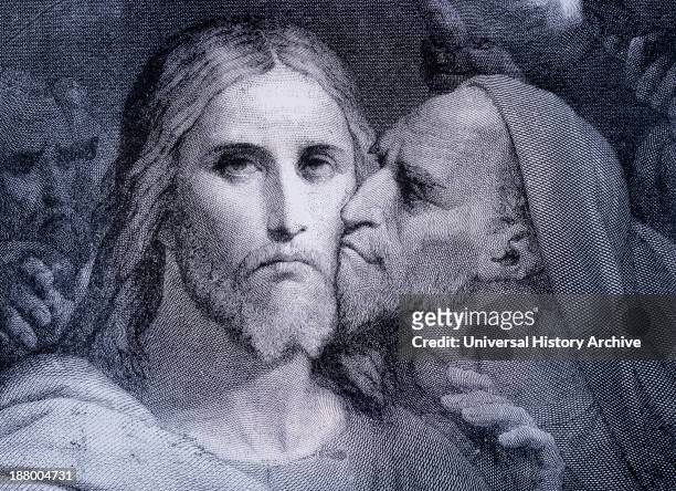 The Kiss. Judas Iscariot Kisses Jesus Christ In The Garden Of Gethsemane. From El Mundo Ilustrado, Published Barcelona, Circa 1880.