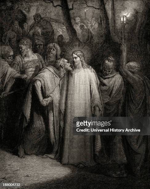The Kiss. Judas Iscariot Kisses Jesus Christ In The Garden Of Gethsemane. After Gustave Dore. From El Mundo Ilustrado, Published Barcelona, Circa...