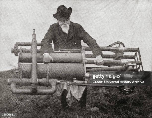 Hiram Maxim Holding One Of His Flying Machine Engines, Weighing 300Lb One Of The Lightest Engines Of It's Time. Sir Hiram Stevens Maxim, 1840 1916....
