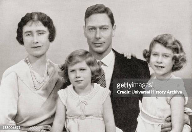 George Vi With His Wife Queen Elizabeth, Elizabeth Angela Marguerite Bowes-Lyon And Their Children The Princesses Margaret And Elizabeth, Circa....